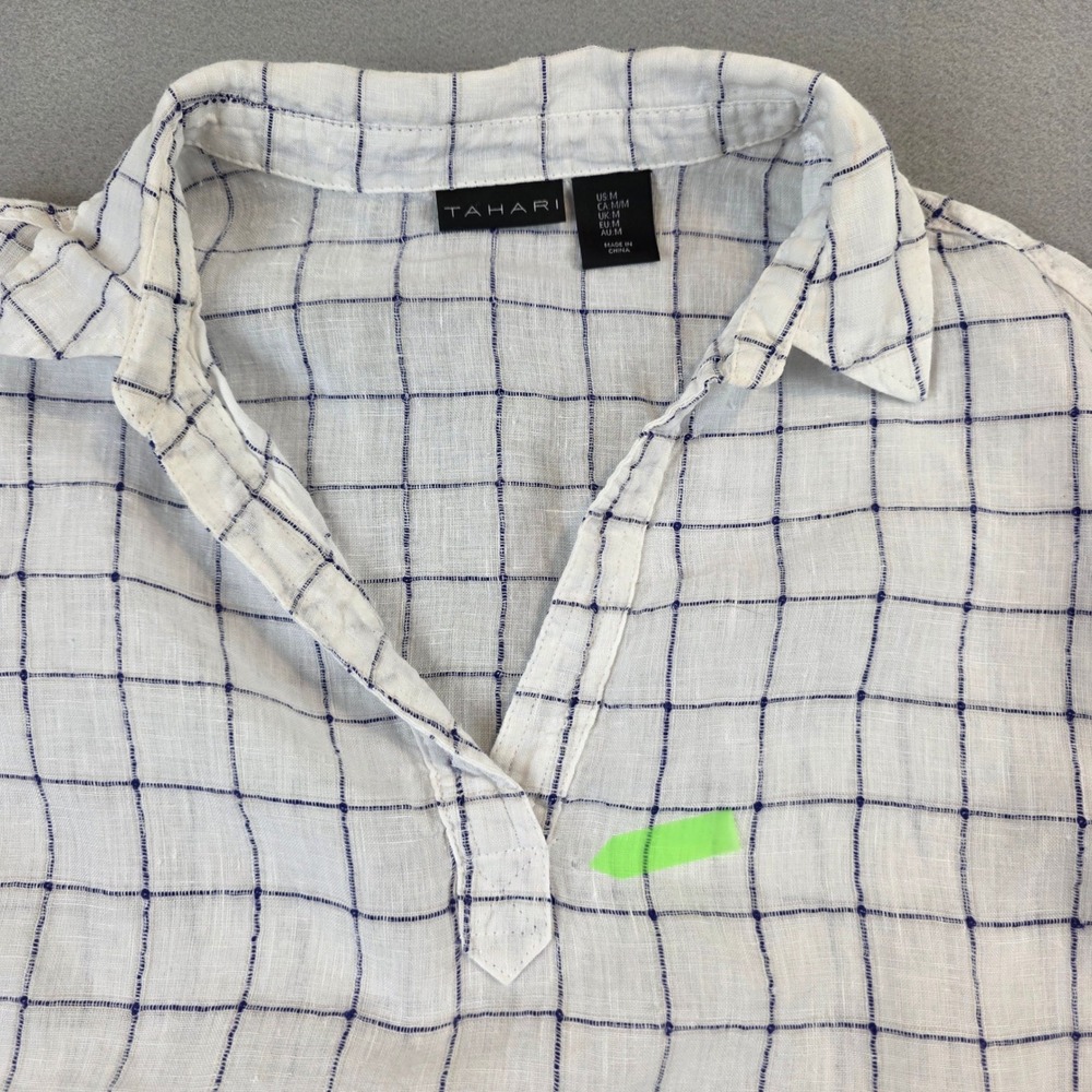 Tahari Womens Medium 100% Linen Windowpane Plaid Short Sleeve Breezy Beach Shirt - Picture 8 of 10